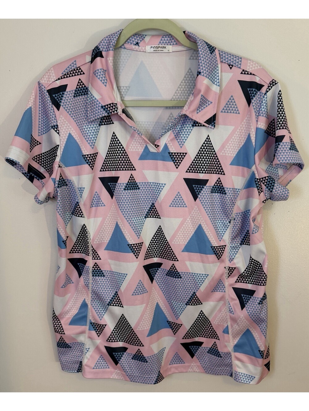 Pinspark Women’s Golf Shirt XL Pink Blue Geometric Triangle Polo Top Athletic